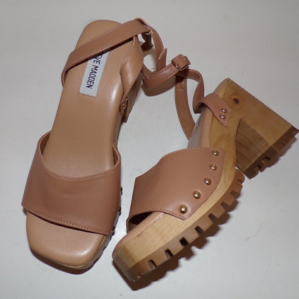 Steve Madden Ocala Tan Leather Ankle Strap Squared Open Toe Studded Wood - Picture 1 of 8